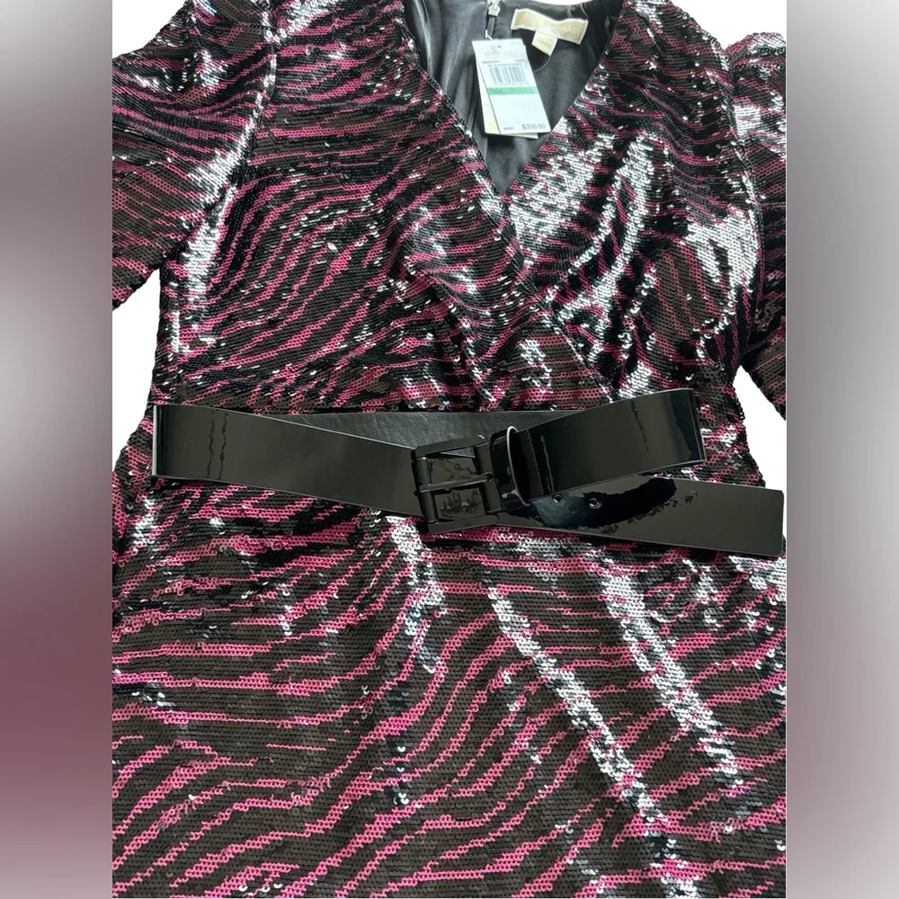 Michael Kors Zebra Sequin Mini Dress Berry Black Puff Sleeve Belted MH98Z39DFP L